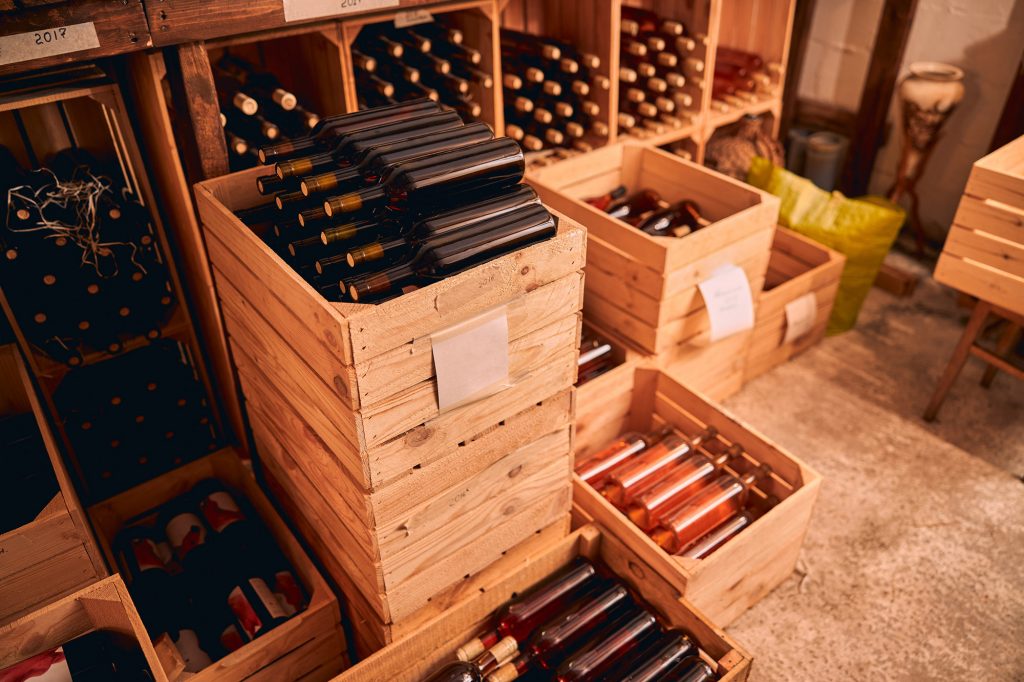 Wine bottles boxed and stacked