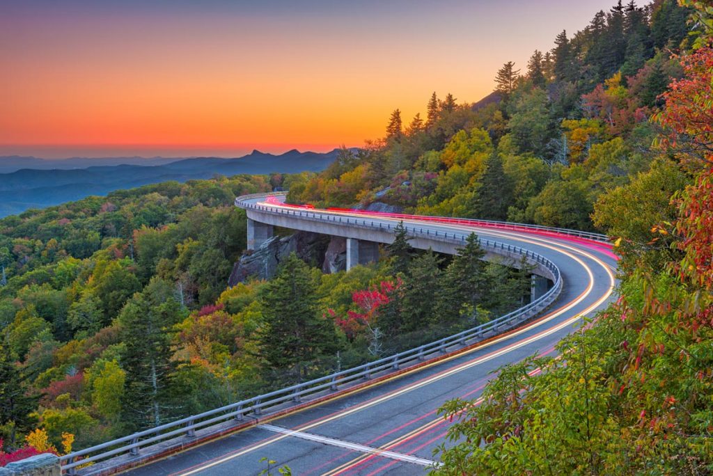 Grandfather Mountain, North Carolina, USA from Linn Cove Viaduct at dusk.