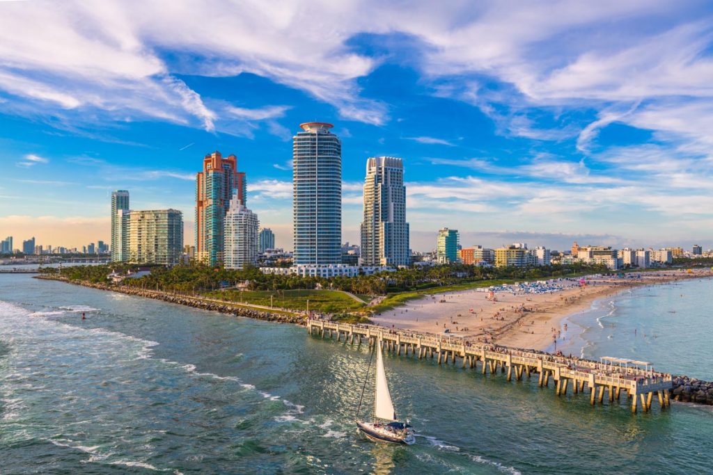 South Beach, Miami, Florida, USA over South Pointe Park.
