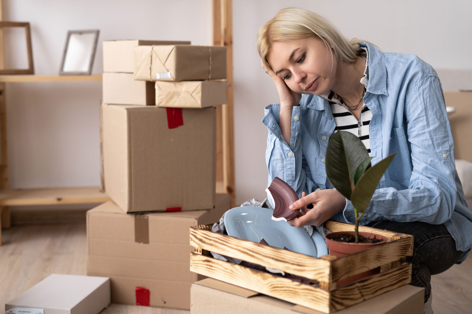 Portrait of unhappy modern woman in t-shirt near cardboard box with a broken dish on boxes background