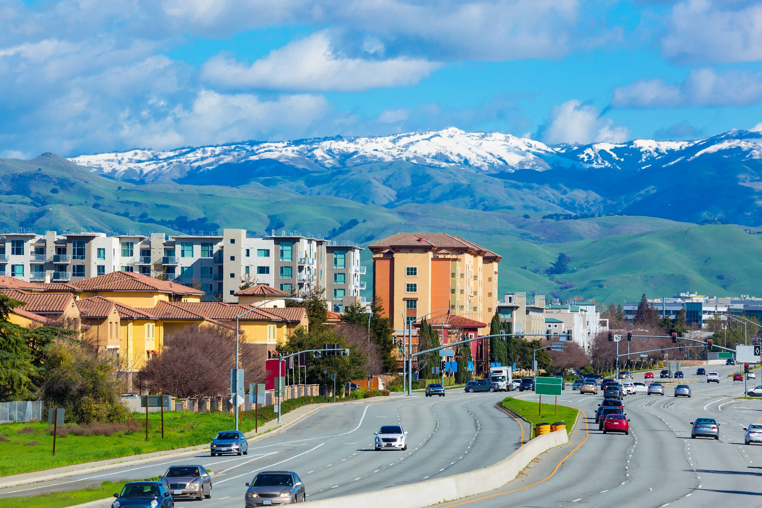 Silicon Valley, Street of Silicon valley in early spring with snow on top of nearby mountain. San Jose, USA