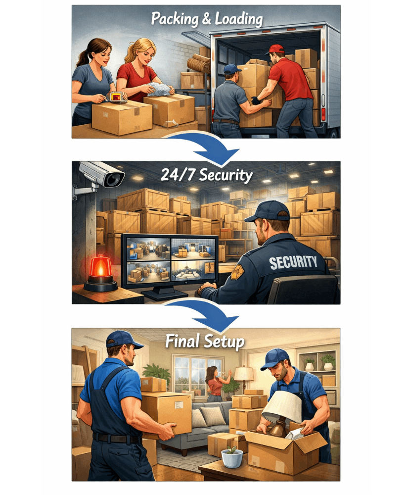 Step-by-step illustration showing packing, warehousing and unpacking