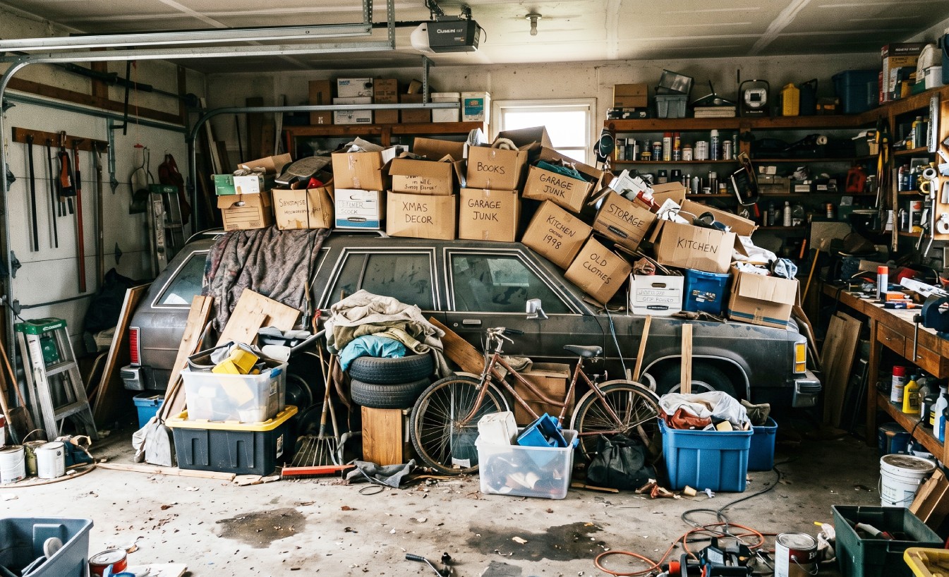 boxes piled on top of an old station wagon in a garage
